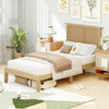 Twin size bed frame with boho rattan headboard, sturdy rubber wood legs, and ample under-bed storage for a stylish.