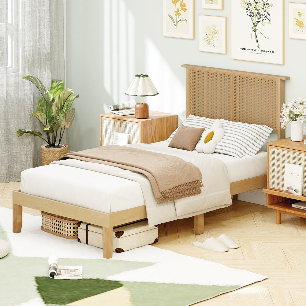 Twin size bed frame with boho rattan headboard, sturdy rubber wood legs, and ample under-bed storage for a stylish.
