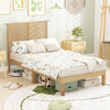 Twin size bed frame with boho rattan headboard, solid rubber wood legs, and ample under-bed storage for organization.