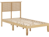 Twin size bed frame with boho rattan headboard, solid rubber wood legs, and sturdy plywood slats for mattress support.