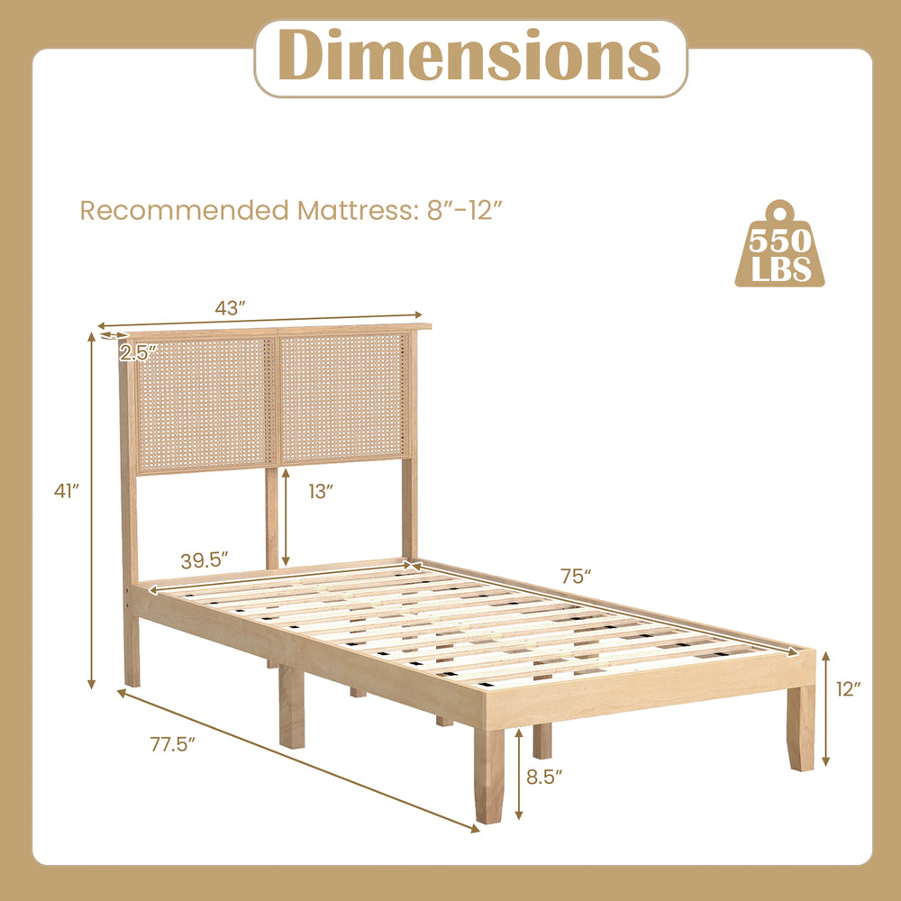 Twin size bed frame with rattan headboard, sturdy plywood slats, and ample under-bed storage for a stylish bedroom.
