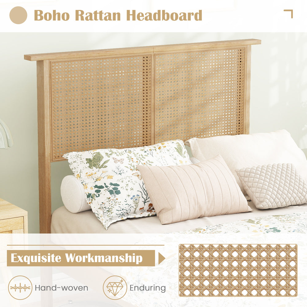 Boho rattan headboard in twin size, featuring hand-woven design and durable PE material for a rustic bedroom look.
