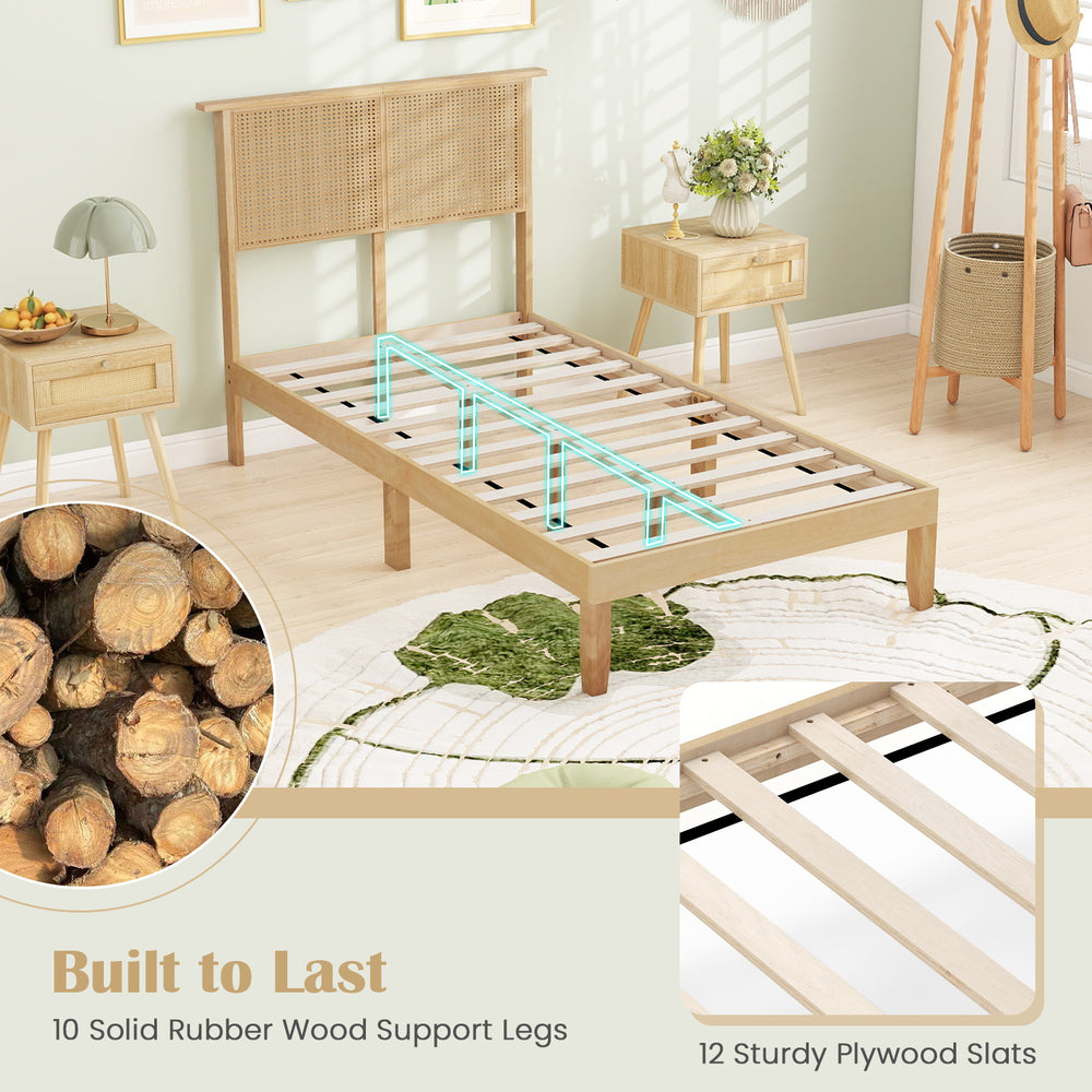 Twin size bed frame with boho rattan headboard, solid rubber wood legs, and sturdy plywood slats for lasting support.