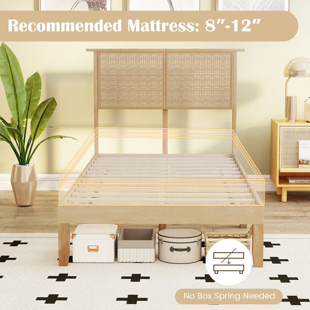 Twin size bed frame with boho rattan headboard, sturdy plywood slats, and ample under-bed storage for a stylish bedroom.
