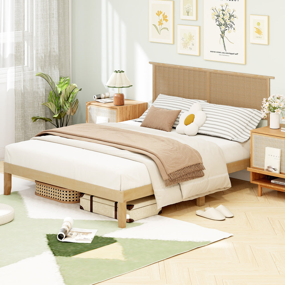 Twin/Full/Queen Size Bed Frame with Rattan Headboard-Queen Size - Gallery View 1 of 10