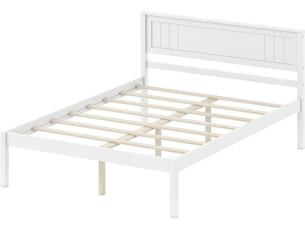 Sturdy full-size wooden bed frame with headboard, slat support, and 12" under bed storage for a tidy room.