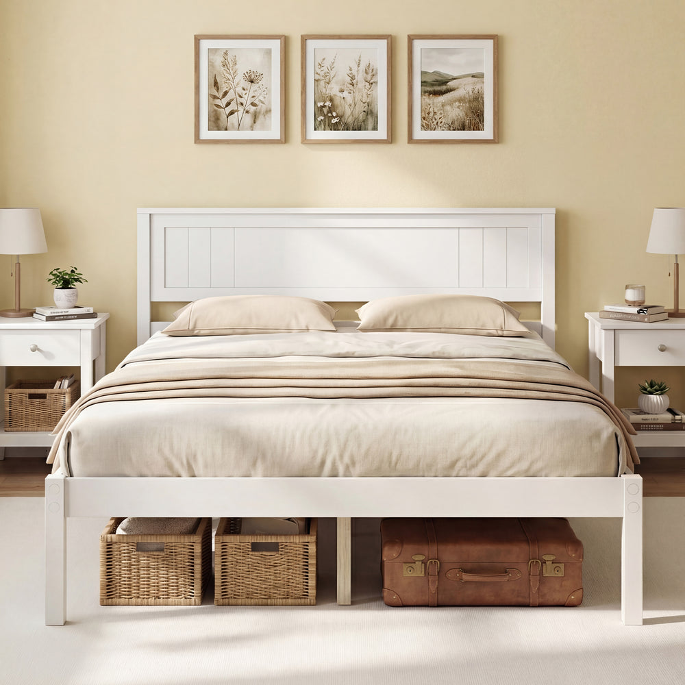 Full size sturdy wooden bed frame with headboard, slat support, and under bed storage for a tidy bedroom.