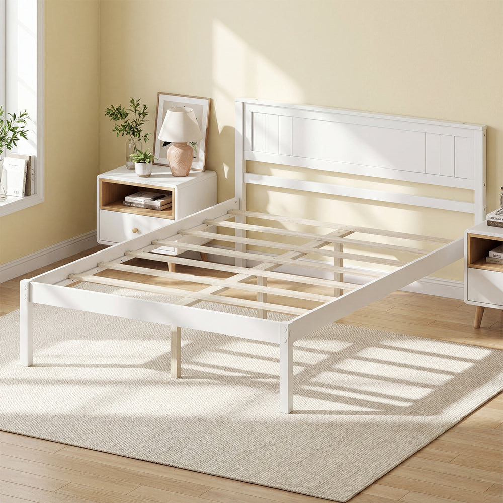 Full-size wooden bed frame with headboard, slat support, and under-bed storage for a tidy room. Easy assembly and.