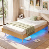 Floating bed frame with LED lights, wooden slats, and hidden support legs for a stylish bedroom ambiance.