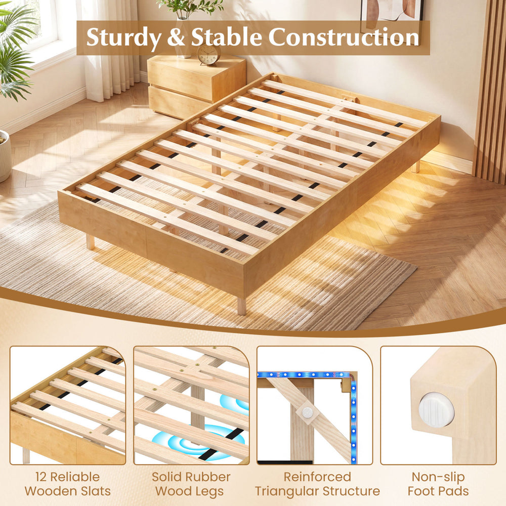 Twin/Full/Queen size floating bed frame with LED lights, featuring 12 wooden slats and solid rubber wood legs for.