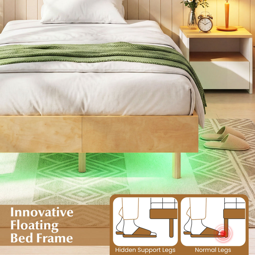 Floating bed frame with hidden support legs and RGB LED lights, perfect for creating a captivating bedroom atmosphere.