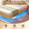 Floating bed frame with LED lights, 6-inch under-bed clearance for storage, and solid rubber wood legs for stability.