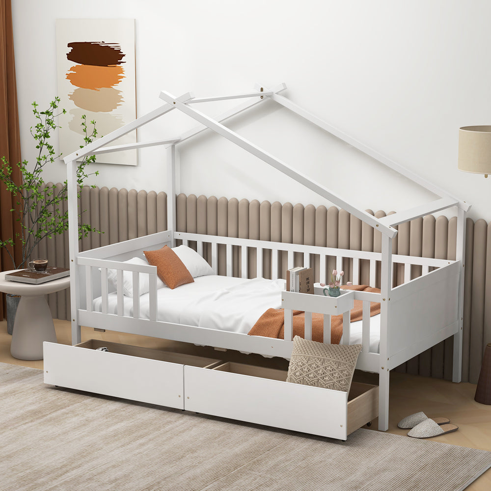 Twin House Bed with 2 Storage Drawers and Roof & Fence Rails-White - Gallery View 1 of 13