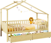 Twin house bed with roof and fence rails in natural wood, featuring two storage drawers for toys and clothing.