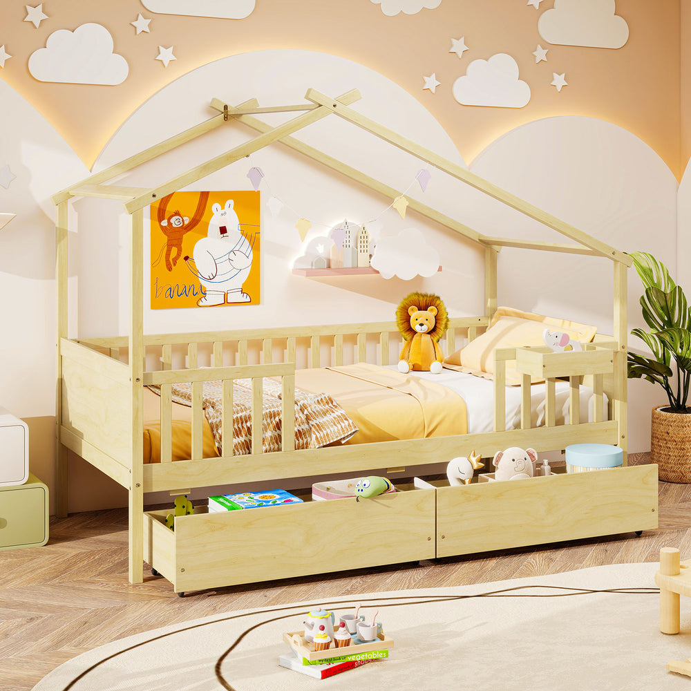 Twin House Bed with 2 Storage Drawers and Roof & Fence Rails-Natural - Gallery View 1 of 10