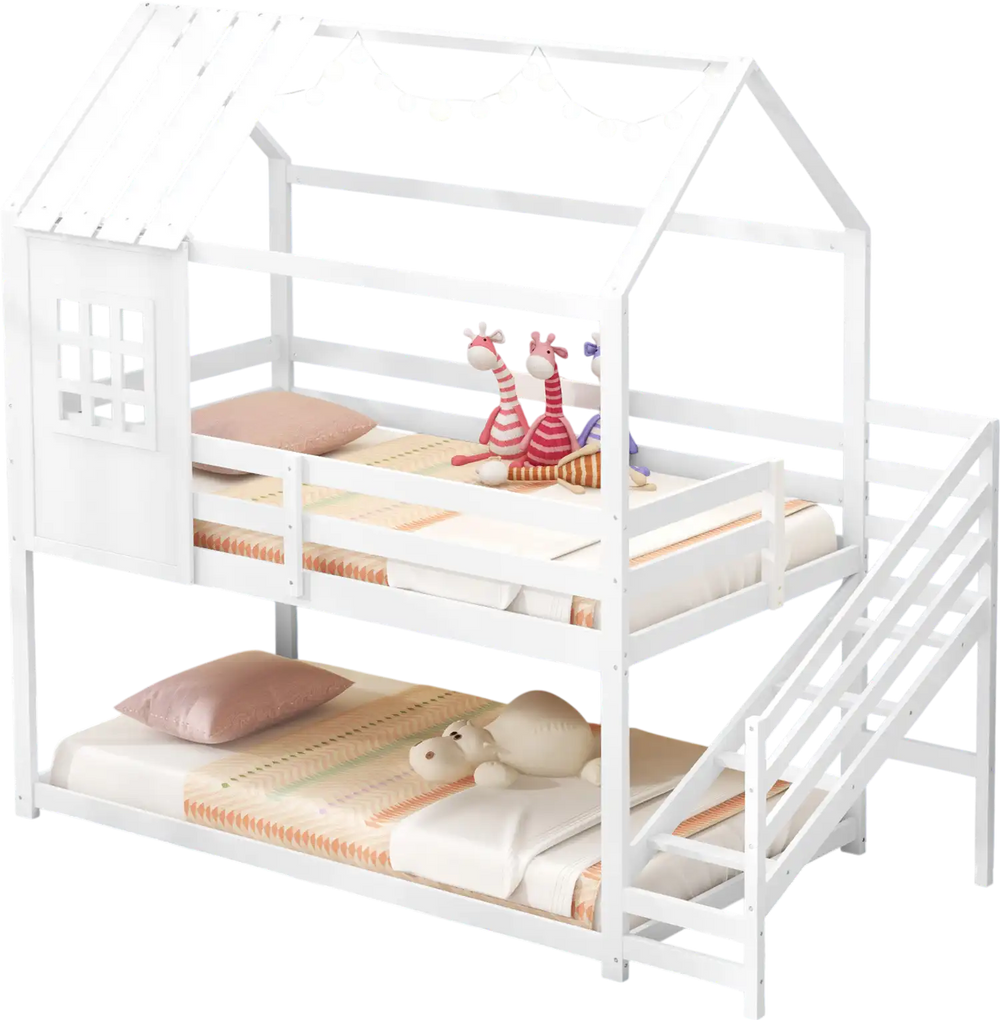 Twin house bed with stairs and roof in white, featuring a fun design for kids' themed bedrooms and sturdy construction.