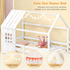 Twin house bed with pitched roof and front window, designed for kids' themed bedrooms, featuring a solid wood frame.