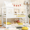 Twin house bed with stairs and roof in white, featuring a fun design and sturdy solid wood frame for kids' bedrooms.