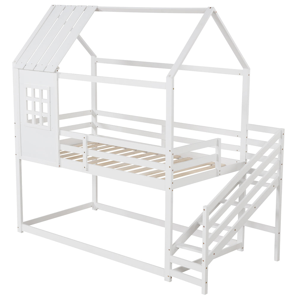 Twin house bed in white with stairs and pitched roof, designed for easy access and a playful bedroom atmosphere.