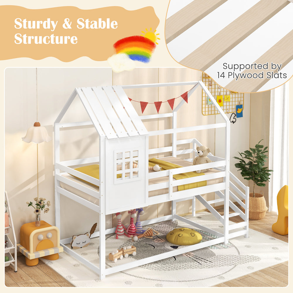 Twin house bed with stairs and roof in white, featuring a solid wood frame and 14 plywood slats for kids' safety and.