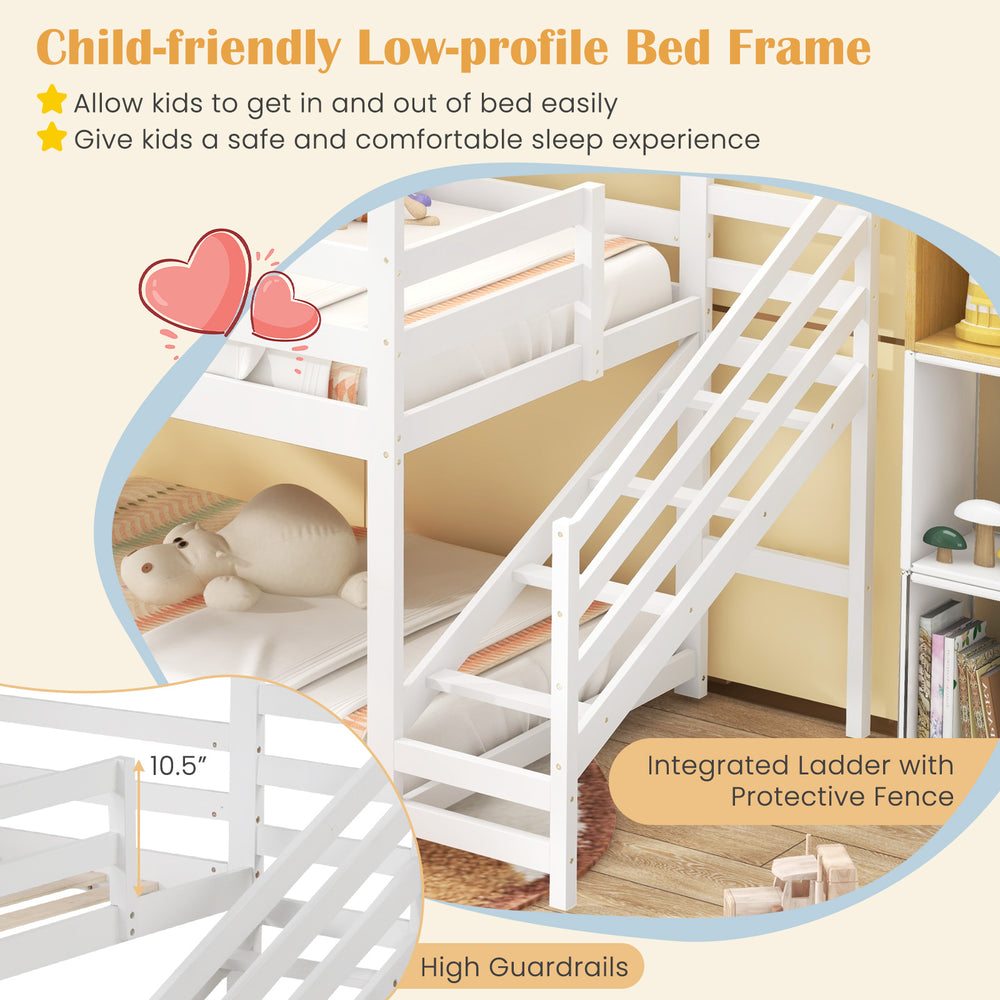 Twin house bed with stairs and roof in white, featuring high guardrails and a child-friendly low-profile design for.