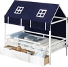 Twin house bed with navy tent, solid wood frame, and two storage drawers for kids' organized play and sleep space.