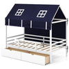 Twin house bed with navy tent, solid wood frame, and two storage drawers for kids' organized play and sleep.