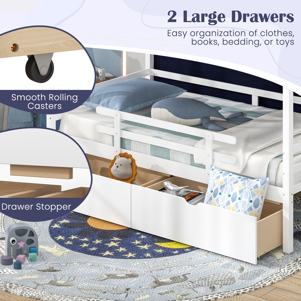 Twin house bed with tent featuring two large storage drawers for easy organization of clothes and toys.
