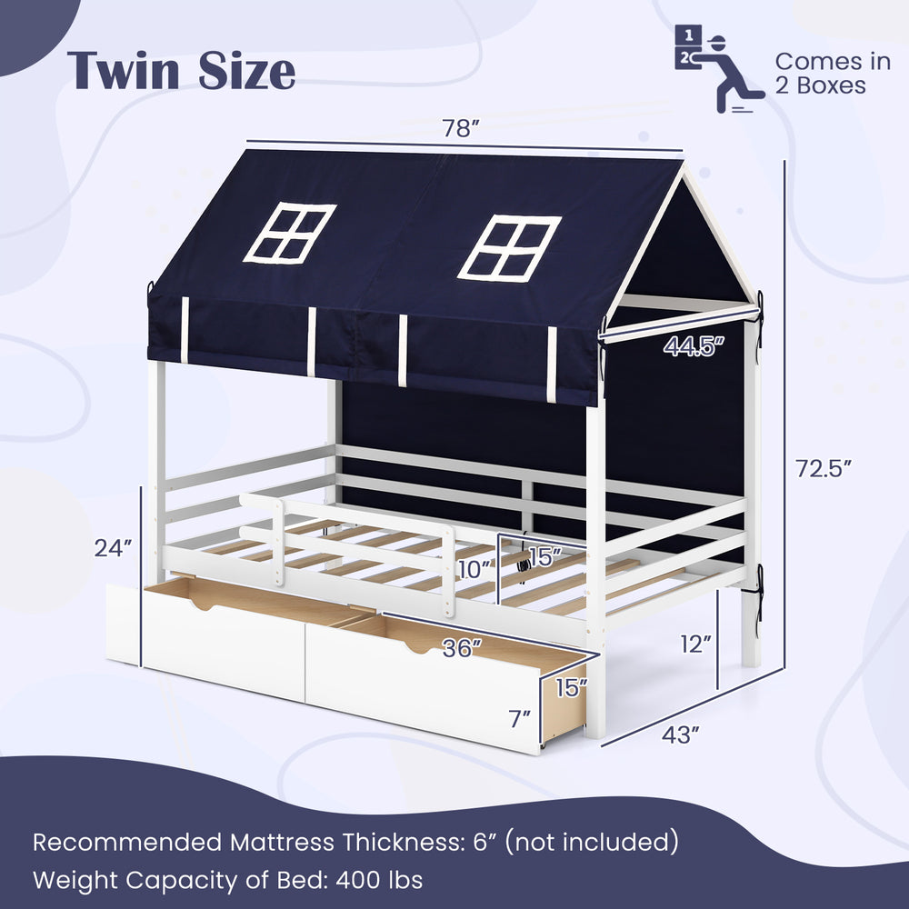 Twin house bed with tent and two storage drawers, solid wood frame, designed for kids' themed bedrooms.