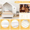 Twin house bed with protective fence and high headboard, made of solid wood, perfect for kids' sleep and study.