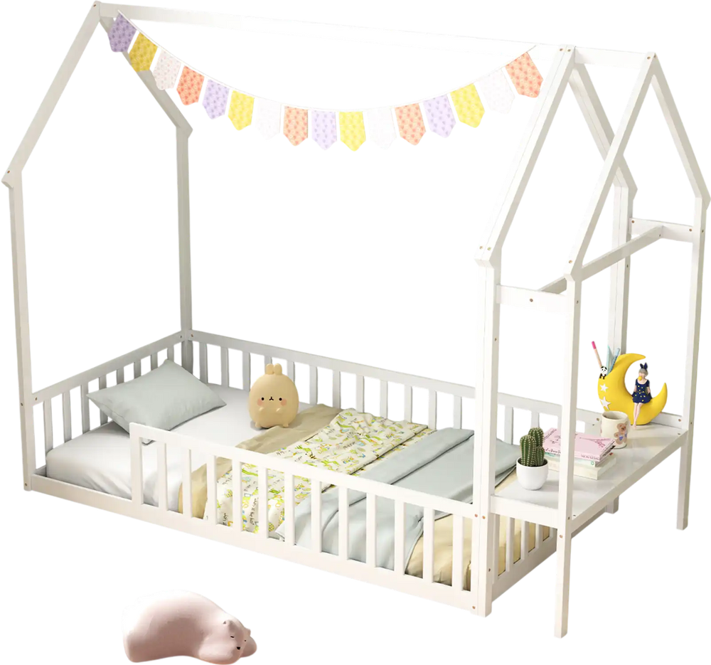 Twin house floor bed frame in white with built-in storage shelf, designed for kids' independence and safety.
