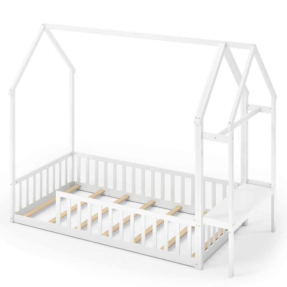 Twin house floor bed frame in white with storage shelf, designed for Montessori-style independence and safety.