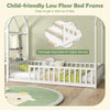 Twin house floor bed frame in white with full-length guardrails and built-in storage shelf for kids' safety and.