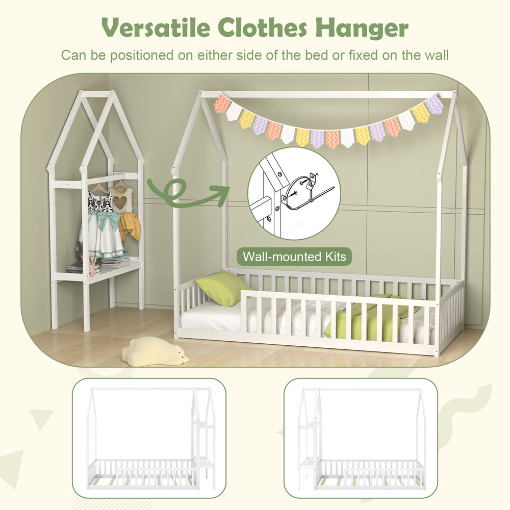 Twin house bed frame with storage shelf and reversible clothes hanger, designed for kids' rooms in white.