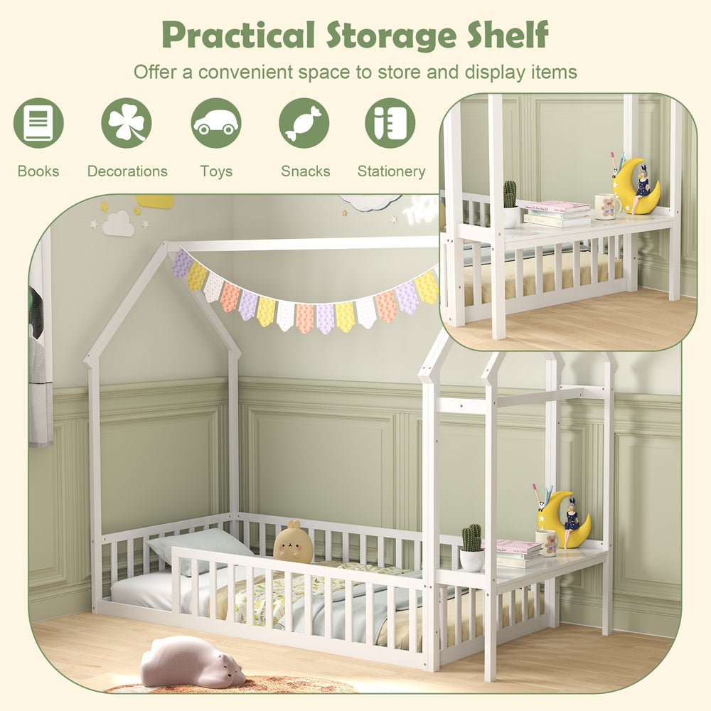 Twin house bed frame in white with built-in storage shelf for toys, snacks, and stationery, perfect for kids' rooms.