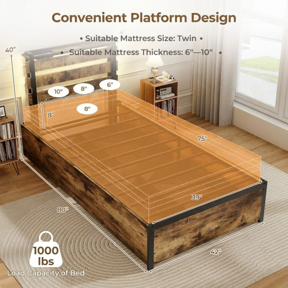Twin LED bed frame with robust metal structure, 4 fabric drawers, and RGB lights for customizable ambiance.