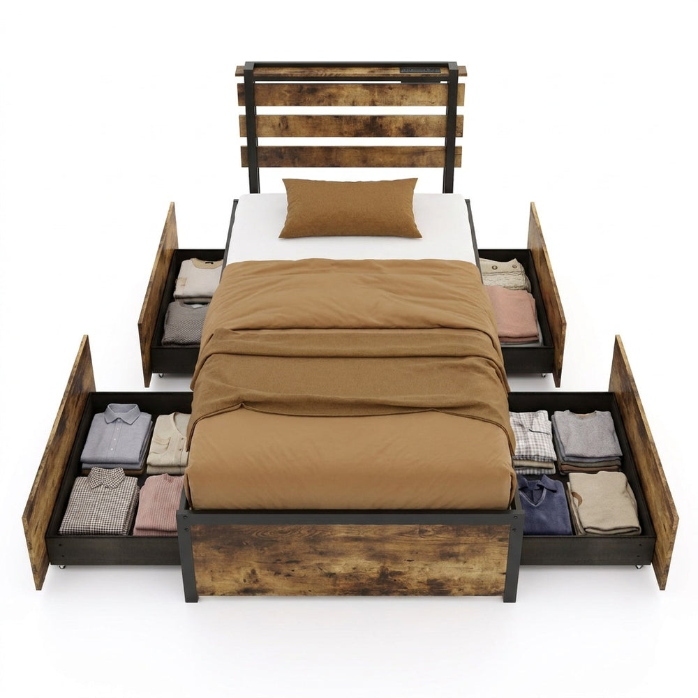 Twin LED bed frame with robust metal structure, four rolling fabric drawers, and RGB lights for versatile ambiance.