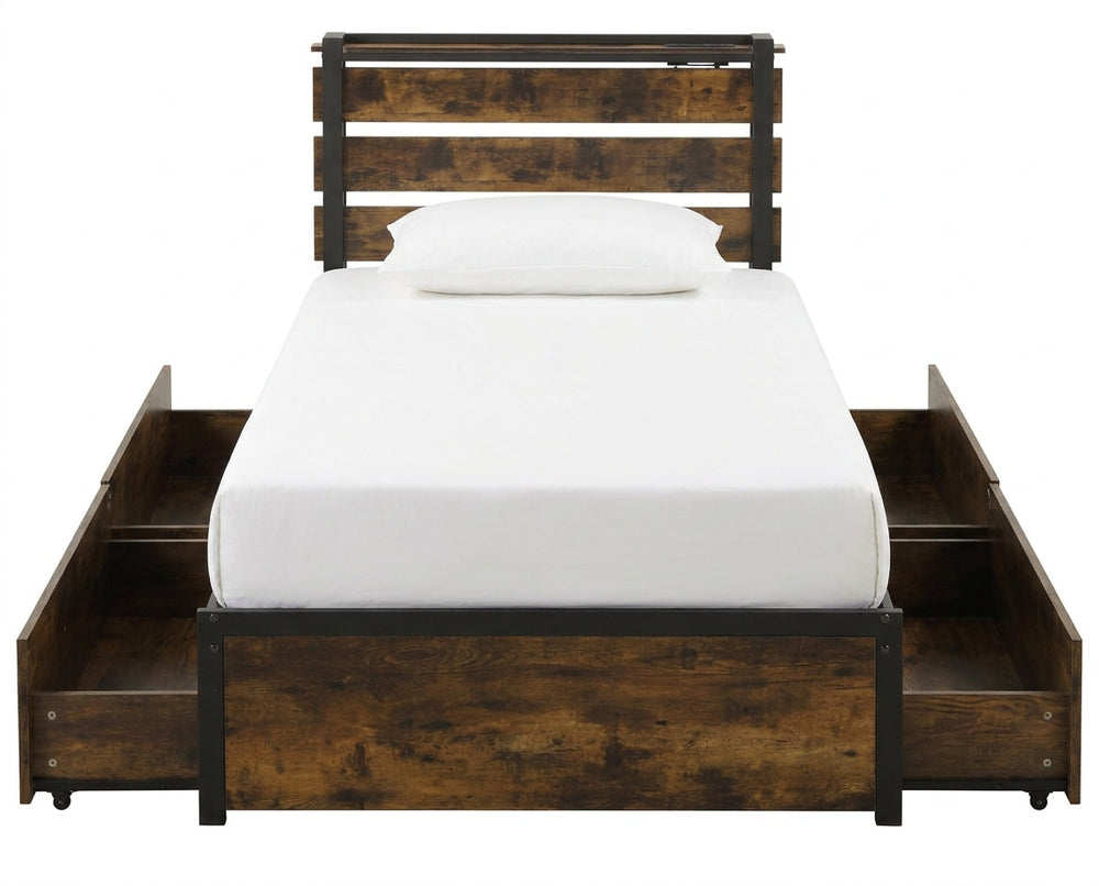 Twin LED bed frame with slatted headboard, rolling fabric drawers, and RGB lights for versatile bedroom decor.
