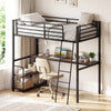 Twin loft bed with rustic brown desk and shelves, featuring a sturdy metal frame and ample under-bed storage.