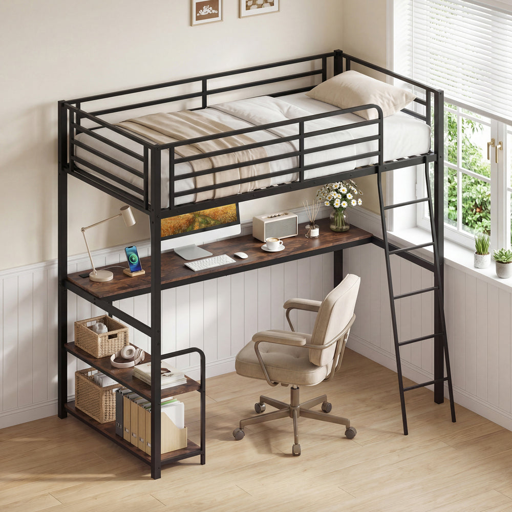 Twin loft bed in rustic brown with desk, shelves, and safety guardrails for space-saving living in homes or dorms.