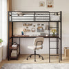 Twin loft bed in rustic brown with desk and shelves, featuring outlets and USB ports for convenient workspace.