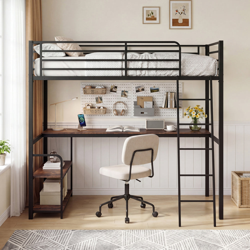 Twin loft bed in rustic brown with desk and shelves, featuring outlets and USB ports for convenient workspace.