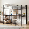 Twin loft bed in rustic brown with desk, shelves, and safety guardrails, ideal for kids and adults in small spaces.