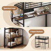 Twin loft bed with a spacious 74" desk and two open shelves, perfect for kids and adults in rustic brown finish.