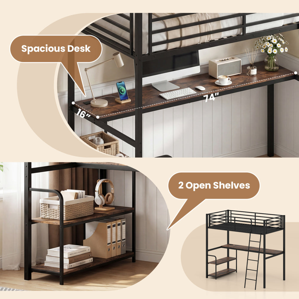 Twin loft bed with a spacious 74" desk and two open shelves, perfect for kids and adults in rustic brown finish.