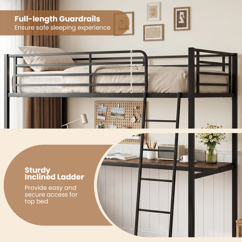 Twin loft bed in rustic brown with desk, shelves, and sturdy inclined ladder for kids and adults, optimizing space.