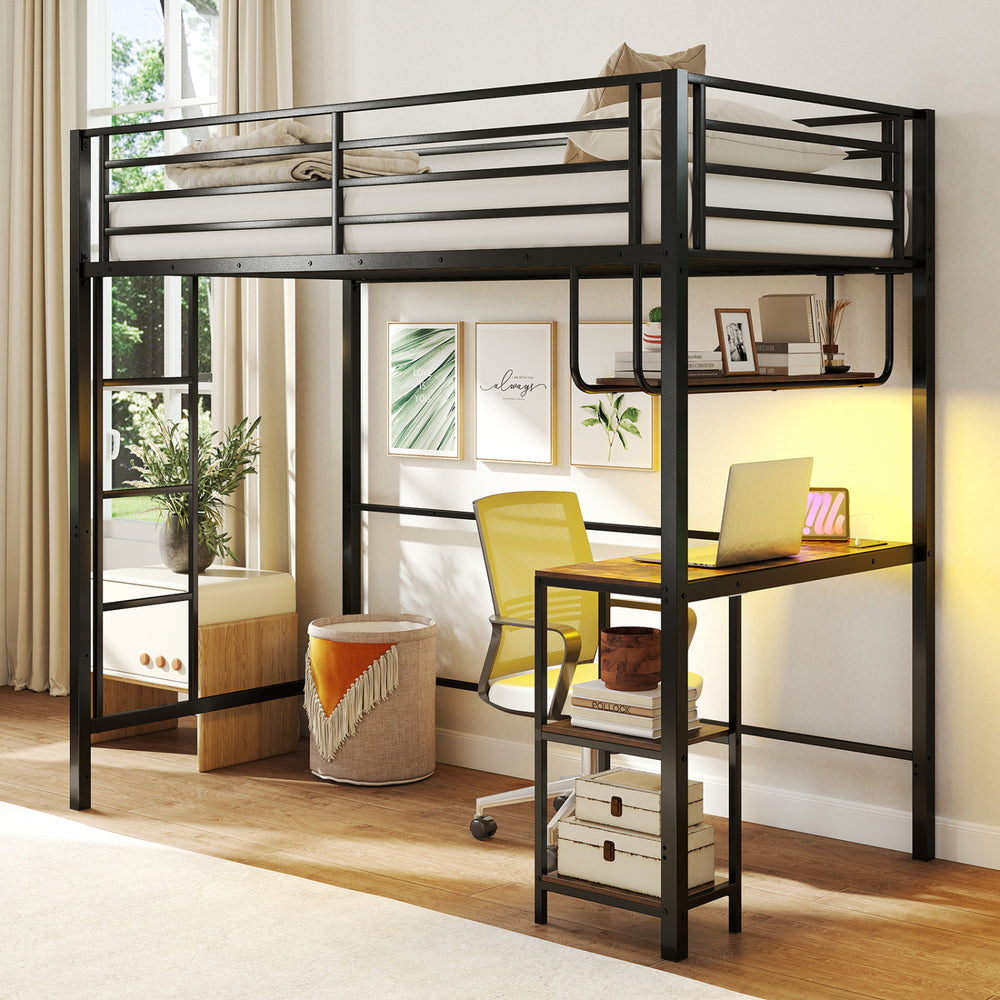Twin loft bed in black with integrated desk, charging station, and RGB LED lights for a stylish and functional space.