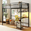 Twin loft bed in black with integrated desk, charging station, and RGB LED lights for a stylish and functional space.