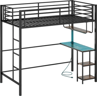 Costway Twin Loft Bed Frame w/ Desk LED Lights Charging Station Guardrail 26838507 New