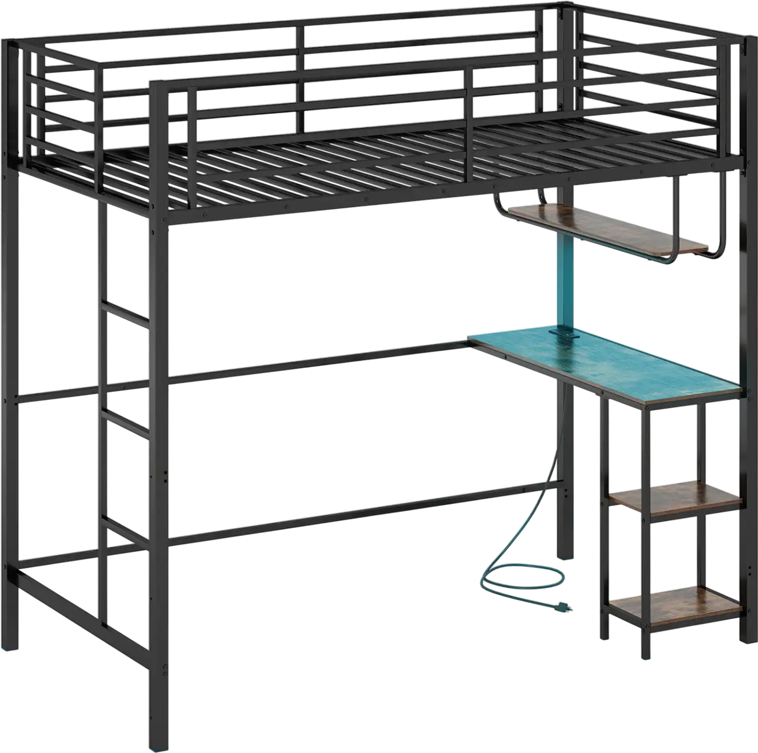 Costway Twin Loft Bed Metal Frame Desk LED Charging Station Guardrail 26838507 New